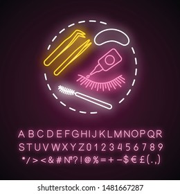 Lash extension neon light concept icon. False eyelashes and permanent makeup idea. Cosmetology salon, beauty service. Glowing sign with alphabet, numbers and symbols. Vector isolated illustration