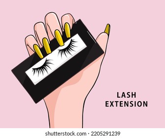 Lash Extensions Beauty Makeup Treatment, Hand With Mink Eyelashes Packaging, Eyelash Lift And Tint  Face Care Banner In Vector 