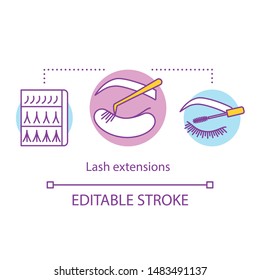 Lash extensions concept icon. Beauty service idea thin line illustration. Classic, 2d and 3d volume. Procedure in beauty salon. Eyelash dyeing. Vector isolated outline drawing. Editable stroke