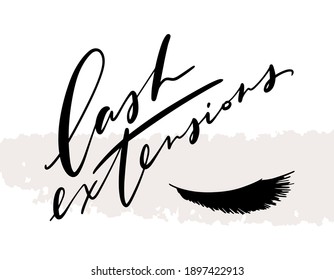 Lash extensions phrase and closed eye vector clipart graphic for beauty salon branding.