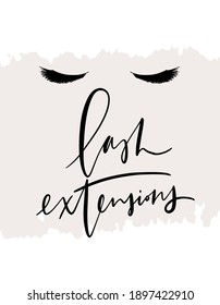 Lash extensions script phrase and closed female eyes hand drawn vector clipart.