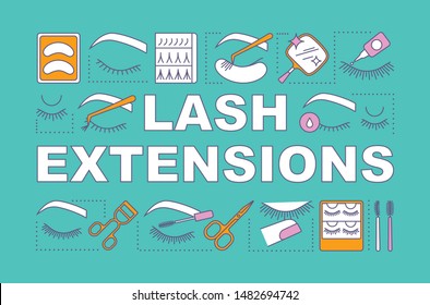 Lash extensions word concepts banner. Beauty service. Classic, 2d and 3d volume. Eyelash curling. Presentation, website. Isolated lettering typography idea, linear icons. Vector outline illustration
