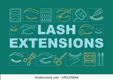 Lash extensions word concepts banner. Beauty service. Classic, 2d and 3d volume. Eyelash curling. Presentation, website. Isolated lettering typography idea, linear icons. Vector outline illustration