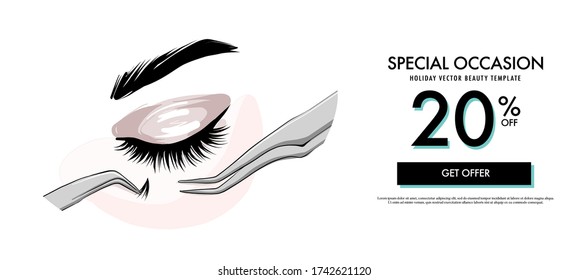 Lash making cosmetic procedure promotion banner. Fake eye lashes on  beauty  treatment, applying false lash, brow lamination  procedure. Fashion , female small business illustration in vector.