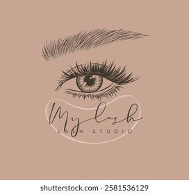 Lash studio label design with lettering drawing in art line style on beige background