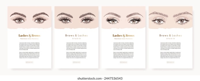 Lashes and brows beauty studio poster design set. Flyer or web banner template collection with hand drawn female makeup open eye. Vector illustration