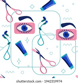 Lashes curler und Eyebrow Correction nahtlose muster.Twisting Pinzette oder Zange. Anwendung für Schönheitssalon.Shaping.Spezielles Gerät zum Beschneiden und Schneiden. Tube mit Creme, Vektorgrafik