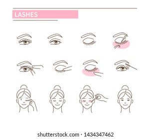 Lashes extension icons. Line style vector illustration isolated on white background.