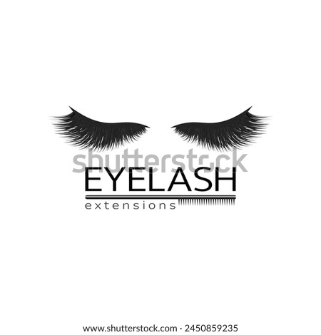 lashes extensions logo vector Illustration. Closed eyelashes logotype with makeup brush graphic symbol for beauty services emblem, business concept, lamination cards, designs. isolated on a white.