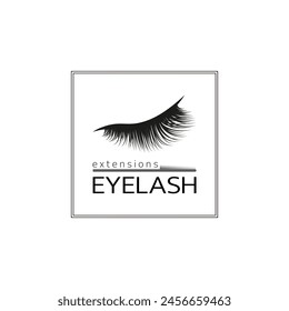 Lashes extensions logotype concept. Eyelashes logo template vector illustration. Cosmetics procedures promo design for beauty, business cards, company branding. Make up brush isolated and simple text