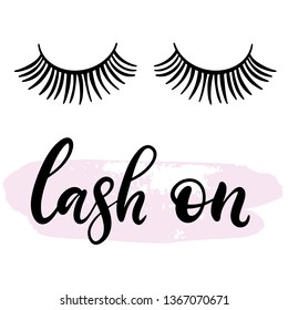 Lashes lettering vector illustration for beauty salon, fashion blog, logo, false eyelashes extensions maker, brow master, professional makeup artist.  Lash on. EPS10