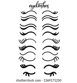 Lashes lettering vector illustration for beauty salon, fashion blog, logo, false eyelashes extensions maker, brow master, professional makeup artist. Icon set of eyelashes. EPS10