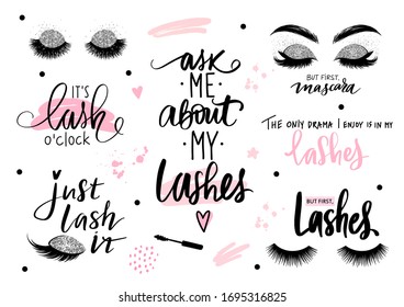 Lashes, mascara, makeup-set with closed eyes, lettering calligraphy quotes or phrases. Silver glitter. Typography illustrations for decorative cards, beauty blogs. Beauty stickers.