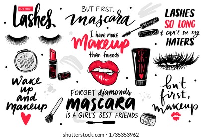 Lashes, mascara, makeup-set with eyes, red lips, lipstick, eyeshadow and quotes or phrases. Typography illustrations for decorative cards, beauty salon, makeup artists, stickers. Fashion sayings.