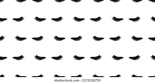 Lashes seamless background vector illustration. Black and white eyelashes template print with closed female eyes. Beauty, fashion, makeup pattern. Lashmaking wallpaper for lamination, extension cards.