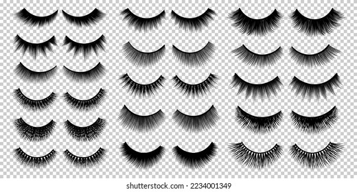 Lashes set. False eyelashes collection. Woman beauty product vector. False lashes realistic vector set. Eyelashes shapes. Trendy fashion illustration for mascara pack or beauty products design.