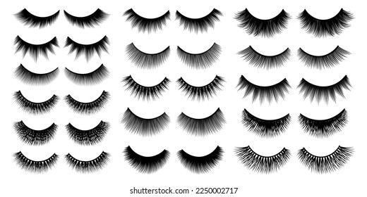 Lashes set. False eyelashes collection. Woman beauty product vector. False lashes realistic vector set. Eyelashes shapes. Trendy fashion illustration for mascara pack or beauty products design.