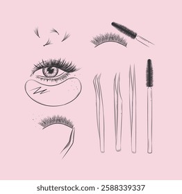 Lashes treatment studio tools collection drawing with black on pink background