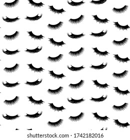 Lashes Vector seamless pattern. Closed eyes background. Repeat fashion illustration for girls, woman, fabric, t-shirt print, wrapping. Makeup design.