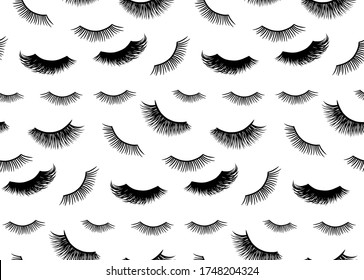 Lashes Vector seamless pattern. Closed eyes background. Repeat fashion illustration for girls, woman, fabric, t-shirt print, wrapping. Makeup design isolated on white.