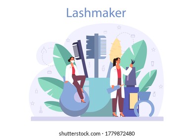 Lashmaker concept. Beauty center procedur. Female character puting fake eyelashes in salon. Isolated vector illustration