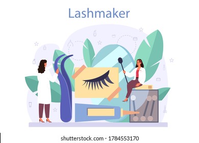 Lashmaker concept. Beauty center procedur. Female character puting fake eyelashes in salon. Isolated vector illustration