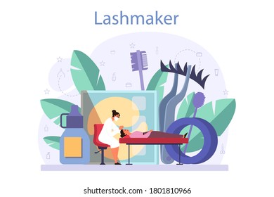 Lashmaker concept. Beauty center procedur. Female character puting fake eyelashes in salon. Isolated vector illustration