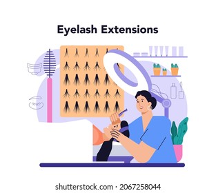 Lashmaker concept. Eyelash extension, eyelashes volume correction. Female character puting fake eyelashes in salon. Beauty center procedure. Flat vector illustration