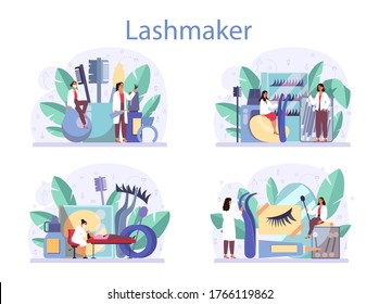 Lashmaker concept set. Beauty center procedur. Female character puting fake eyelashes in salon. Isolated vector illustration