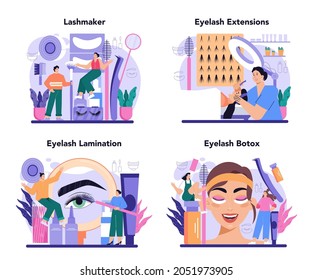 Lashmaker concept set. Eyelash extension, eyelashes volume correction. Female character puting fake eyelashes in salon. Beauty center procedure. Flat vector illustration