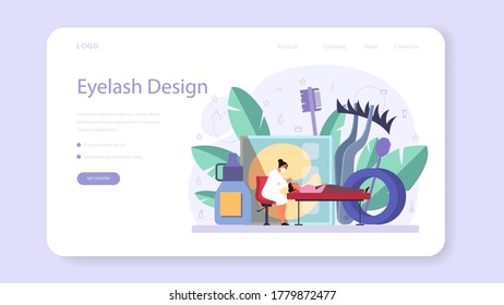 Lashmaker concept web banner or landing page. Beauty center procedur. Female character puting fake eyelashes in salon. Isolated vector illustration