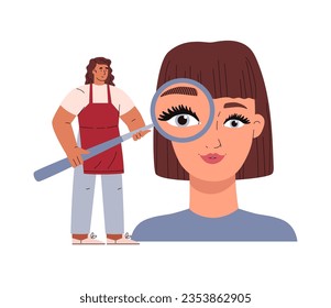 Lashmaker with magnifier looking at womans lashes, flat vector illustration isolated on white background. Abstract drawing with concept of eyelashes extension procedure.
