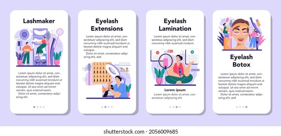 Lashmaker mobile application banner set. Eyelash extension, eyelashes volume correction. Female character puting fake eyelashes in salon. Beauty center procedure. Flat vector illustration
