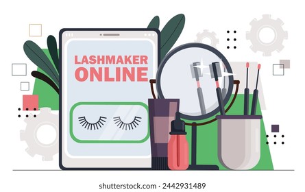 Lashmaker online concept. Eyebrow eyedropper and mascara. Beauty, elegance and aesthetics. Make up and cosmetics products. Beauty stylist equipment. Cartoon flat vector illustration