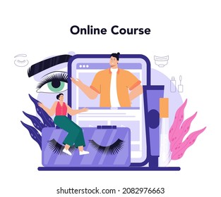 Lashmaker online service or platform. Eyelash extension, eyelashes volume correction. Character puting fake eyelashes. Online course. Flat vector illustration