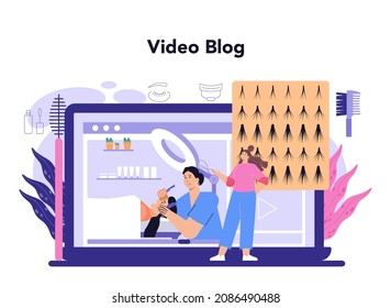 Lashmaker online service or platform. Eyelash extension, eyelashes volume correction. Character puting fake eyelashes. Video blog. Flat vector illustration