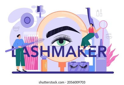 Lashmaker typographic header. Eyelash extension, eyelashes volume correction. Female character puting fake eyelashes in salon. Beauty center procedure. Flat vector illustration