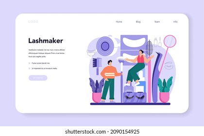 Lashmaker web banner or landing page. Eyelash extension, eyelashes volume correction. Female character puting fake eyelashes in salon. Beauty center procedure. Flat vector illustration
