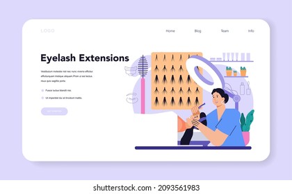 Lashmaker web banner or landing page. Eyelash extension, eyelashes volume correction. Female character puting fake eyelashes in salon. Beauty center procedure. Flat vector illustration