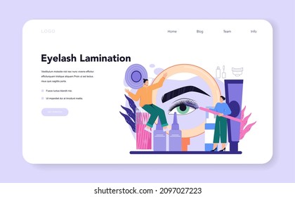 Lashmaker web banner or landing page. Eyelash extension, eyelashes volume correction. Female character puting fake eyelashes in salon. Beauty center procedure. Flat vector illustration