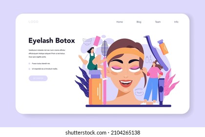 Lashmaker web banner or landing page. Eyelash extension, eyelashes volume correction. Female character puting fake eyelashes in salon. Beauty center procedure. Flat vector illustration