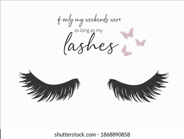 lashses with butterfly Closed eyes lashes with decorative lettering hand drawn Long black illustration. Beautiful Eyelashes isolated on white. For beauty salon, lash extensions maker. Golden glitter