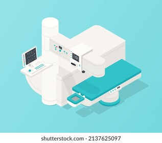 LASIK device concept. Special equipment, innovation and futuristic technology. Bed for research, science. Poster or banner for medical site. Comprehensive diagnosis. Isometric vector illustration