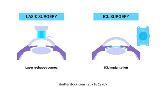 LASIK and EVO ICL eye surgery. Correction of vision diseases. Nearsightedness, farsightedness, astigmatism treatment with laser or lens implantation. Safe painless procedure human eye medical vector