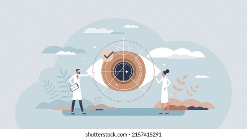 LASIK Eye Surgery, Checkup And Sight Correction Therapy Tiny Person Concept. Cornea Laser Procedure And Care With Optometry Doctor Appointment For Diagnosis And Annual Eyes Check Vector Illustration.