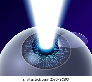 LASIK laser eye surgery 3D poster. Correction of vision issues nearsightedness, farsightedness, astigmatism. Safe painless procedure, reshapes cornea, human eye anatomical vector medical illustration