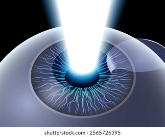 LASIK laser eye surgery 3D poster. Correction of vision issues nearsightedness, farsightedness, astigmatism. Safe painless procedure, reshapes cornea, human eye anatomical vector medical illustration