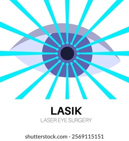 LASIK laser eye surgery. Correction of vision issues like nearsightedness, farsightedness, and astigmatism. Safe painless procedure reshapes the cornea, human eye anatomical flat vector illustration