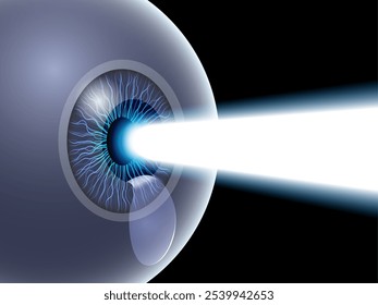Cartaz de cirurgia ocular a laser LASIK. Correção de problemas de visão miopia, hipermetropia, astigmatismo. Procedimento seguro indolor, remodela a córnea, olho humano anatômico vetor 3D ilustração médica