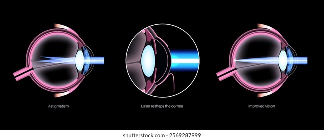 LASIK laser eye surgery poster. Correction of astigmatism, blurred vision issue treatment concept. Safe and painless procedure, reshapes the cornea process. Human eye anatomical vector illustration